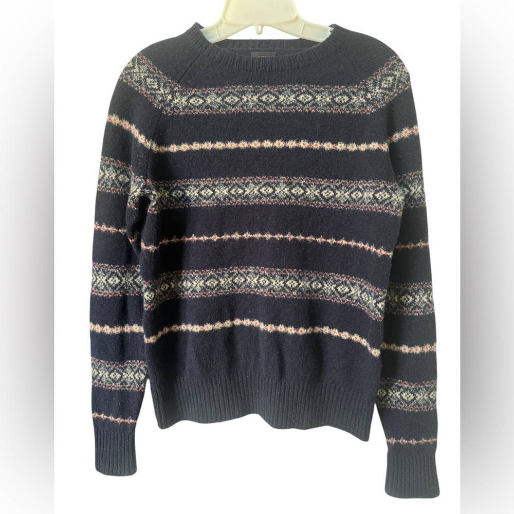 J Crew fair isle Navy and Cream Patterned Sweater 100% Lambswool size small